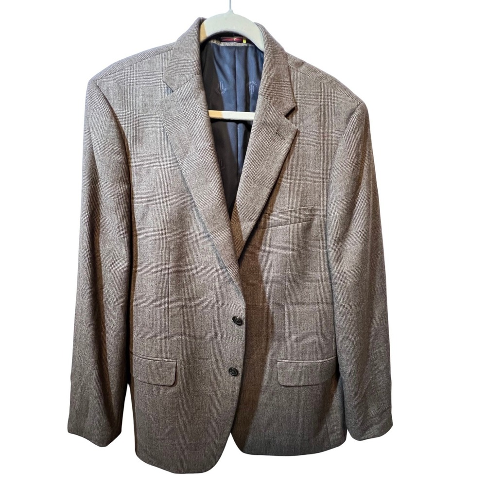Tommy Hilfiger Mens Blazer 100% Wool Glen Plaid 44L Brown Sport Coat Preppy